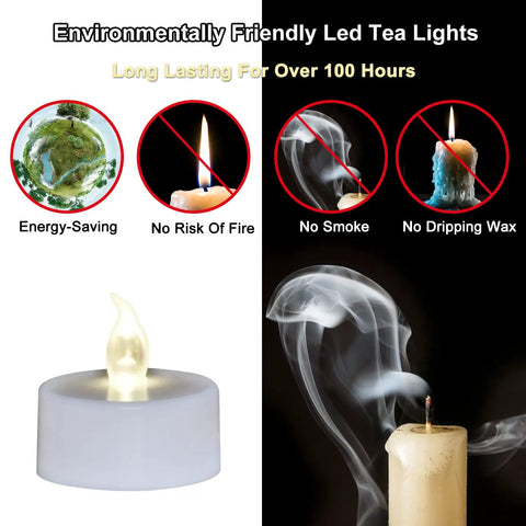 100 Count Battery Powered LED Tea Lights Flameless Flickering Warm White Candles Long Lasting CR2032 Battery Included