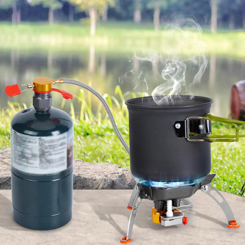 Beast Power 7200W Windproof Camping Stove With Piezo Ignition Brass Three Burners in use by a lake
