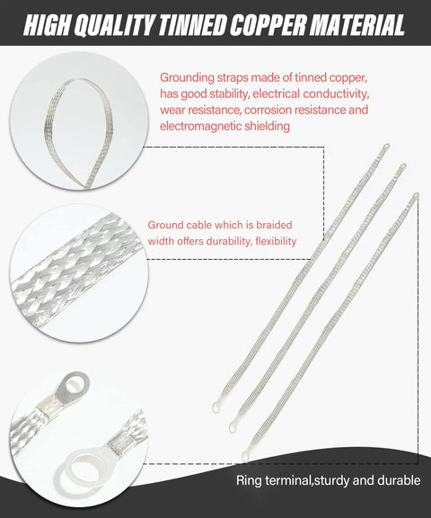 Heavy Duty Universal Automotive Ground Strap Kit Featuring Five Tough Braided Copper Grounding Cables, highlighting tinned copper material.