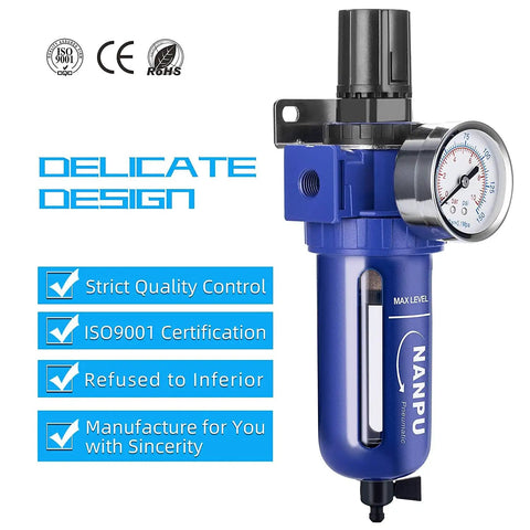 Half Inch NPT Air Filter Regulator Combo With Zinc Alloy Body, Quick Release Bowl, Manual Drain, Metal Bracket with 0 To 150 PSI Gauge