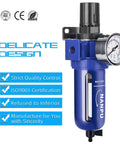 Three Eighths Inch NPT Air Filter Regulator With Five Micron Brass Element 0 To 150 Psi Gauge shown with quality certifications