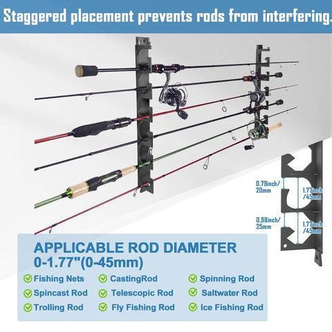 Horizontal Fishing Rod Holder For Garage Wall Or Ceiling Mount Holds Up To 6 Rods Or Combos Staggered Design Rack installed on wall