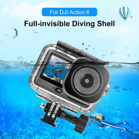 Underwater Dive Case For Osmo Action 6 Waterproof Housing up to 60 meters deep for scuba photography, shown with clear lens.