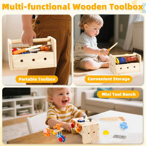 Child using 39 Piece Kids Tool Set With Apron, Wooden Toddler Tool Bench Includes Hammer And More, STEM Educational Toys