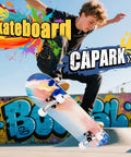 Teen performing trick on skateboard, showcasing Beginner Friendly 31 Inch Pro Complete Longboard Skateboard For Riders Of All Ages Ocean Color