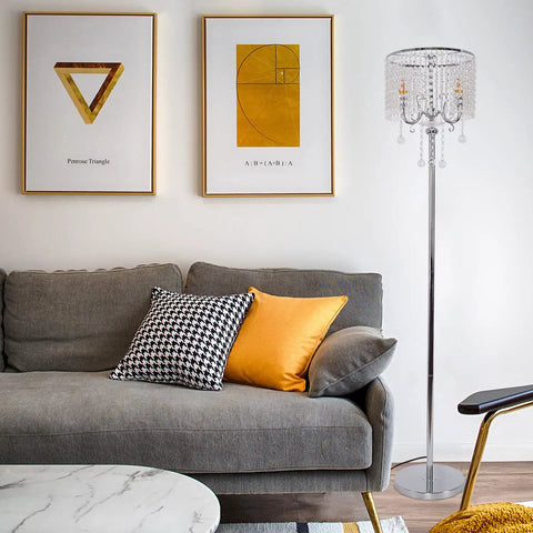 Chrome Finish Modern Floor Lamp With Crystal Ball Shades 2 Light Reading Lamp in a cozy living room corner