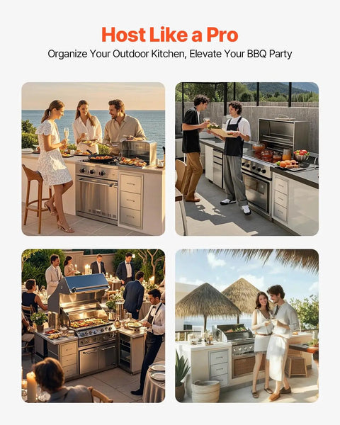 Outdoor Kitchen Drawers With Paper Towel Holder Stainless Steel Double Access Drawers For BBQ Island Or Grill Station 17W X 30H X 21D Weatherproof Outdoor Cabinets Easy Assembly shown in elegant outdoor settings.