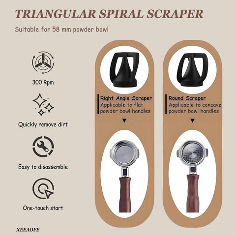 Triangular Spiral Scraper with right angle and round attachments, suitable for 58 mm powder bowl, features quick dirt removal.