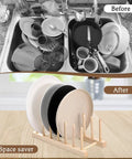 Image showing Eight Pack Bamboo Wooden Plate Rack Six Slots Kitchen Dish Drying Organizer for neatly storing plates.