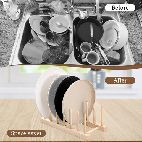 Image showing Eight Pack Bamboo Wooden Plate Rack Six Slots Kitchen Dish Drying Organizer for neatly storing plates.