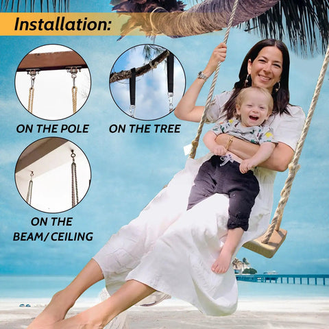 Outdoor And Indoor Wooden Swing For Adults And Kids With Adjustable Hemp Rope And Tree Straps in use on a beach