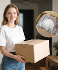 Woman holding a cardboard box using 400 Count Air Pillows For Shipping Roll With Pump Inflatable Air Cushions Leak Proof Bag Stuffing.
