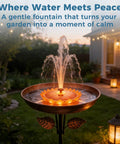 Illuminated solar bird bath fountain with color LEDs for nighttime display in a garden setting, promoting tranquility.