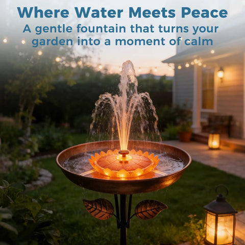 Illuminated solar bird bath fountain with color LEDs for nighttime display in a garden setting, promoting tranquility.