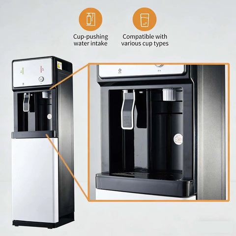 Bottom Loading Floor Standing Water Dispenser With Three Temperature Settings Hot Cold And Room Temp For Coffee Tea Or Daily Hydration, featuring cup-pushing water intake.
