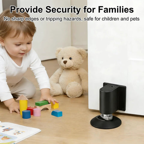 Stainless Steel Magnetic Door Stopper With Retractable Catch For Easy Open No Drill Or 3M Adhesive Install. Black finish.