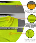 High Visibility Class Two Work Shirt For Men Quick Dry Bird Eye Mesh Safety Tee Bright Yellow XL detail showing reinforced collar and pocket features.
