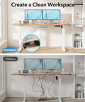 Huanuo Electric Standing Desk Frame With Powerful Brushless Motor For Dual Monitor Riser set up for a clean workspace with organized cables.