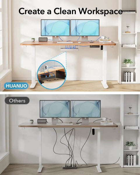 Huanuo Electric Standing Desk Frame With Powerful Brushless Motor For Dual Monitor Riser set up for a clean workspace with organized cables.