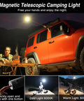 Telescoping Camping Light With 12000mAh Battery illuminating campsite by red SUV, highlighting collapsible magnetic lantern and outdoor setup