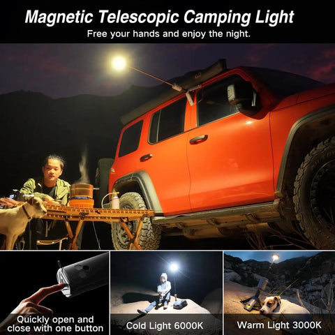 Telescoping Camping Light With 12000mAh Battery illuminating campsite by red SUV, highlighting collapsible magnetic lantern and outdoor setup