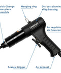 Rivet Nut Gun For M6 M8 M10 With Air Driven Pull Setter, featuring quick-change nose, seesaw trigger, and air regulator.