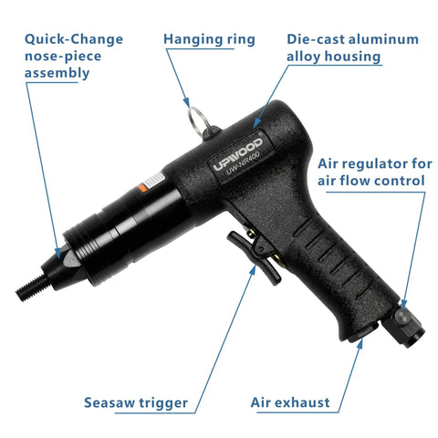 Rivet Nut Gun For M6 M8 M10 With Air Driven Pull Setter, featuring quick-change nose, seesaw trigger, and air regulator.