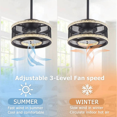 Industrial Caged Low Profile Ceiling Fan with Remote and Dimmable Three Color LED Lights for Bedroom, seasonal use illustration