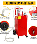 30 Gallon Gas Caddy With Pump On Four Wheels showcasing tube holder, tire, gauge, and clamp for fuel transfer