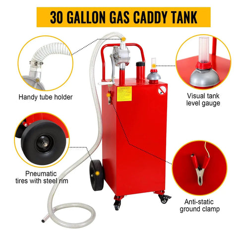 30 Gallon Gas Caddy With Pump On Four Wheels showcasing tube holder, tire, gauge, and clamp for fuel transfer