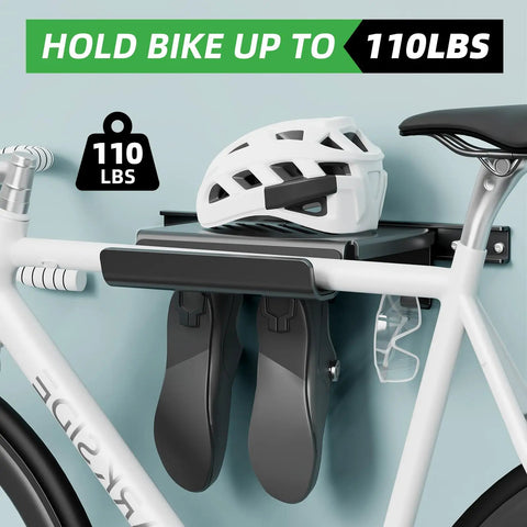 Space-Saving Bike Wall Mount Rack With Shelf And Hooks For Helmet, Shoes And Gear, Garage-Ready Storage To Secure A Single Road Or Mountain Bike Indoors supporting up to 110 lbs