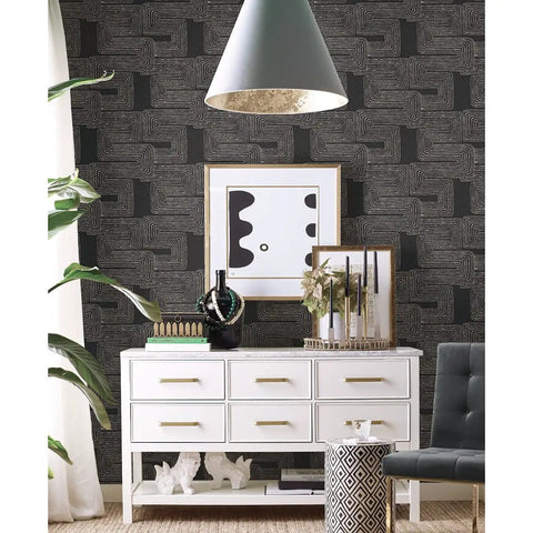 Room with Nikki Chu Black And White Zulu Signature Peel And Stick Wallpaper Roll for easy decor, featuring bold modern patterns.
