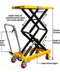 Beast Mode 350 Lb Hydraulic Lift Table Cart with Double Scissor Lift, showing integrated hydraulic lift control and yellow frame.