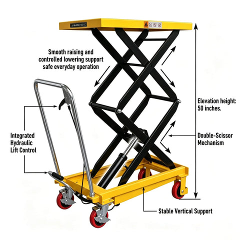 Beast Mode 350 Lb Hydraulic Lift Table Cart with Double Scissor Lift, showing integrated hydraulic lift control and yellow frame.