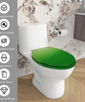 Elongated Toilet Seat Resin in green color installed on a toilet, showcasing ergonomic design and easy clean features.