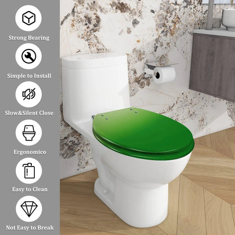 Elongated Toilet Seat Resin in green color installed on a toilet, showcasing ergonomic design and easy clean features.