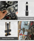 Bearing Race Installer Puller set for Harley Big Twin engines; threaded puller with black cap and brass studs, shown in-use and as standalone tool.