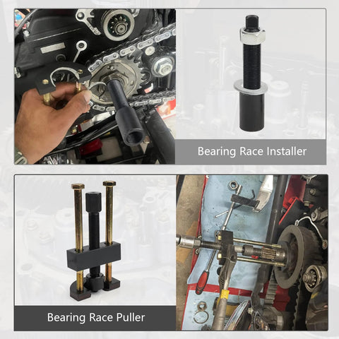 Bearing Race Installer Puller set for Harley Big Twin engines; threaded puller with black cap and brass studs, shown in-use and as standalone tool.