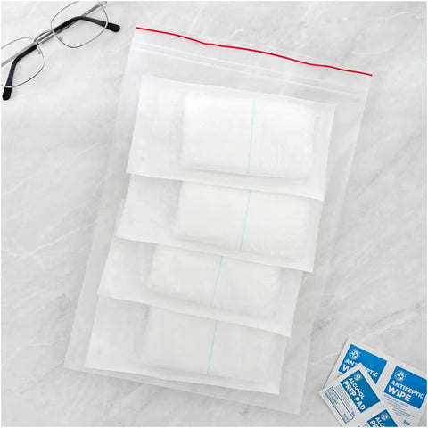 Red Line 9x12 Inch Zipper Reclosable Bags, 4 Mil Clear Poly Bags Food Safe, Easy Seal, Transparent Storage Bags Pack of 200 for Organization and Kitchen Use, shown with stacked bags