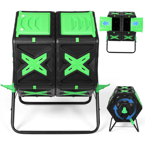 Dual Chamber 140L Outdoor Tumbling Compost Bin For Easy Batch Composting With Fast Assemble And No Fuss Setup shown front view