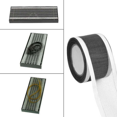 Hair Catcher for Shower-Self-Adhesive Drain Strainer Filter Roll displayed in black mesh, featuring various lengths of hair.