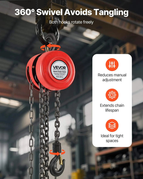 1 Ton Hand Chain Hoist With 8 Ft Lift Galvanized G70 Chain Heavy Duty Pulley Block for Garage and Warehouse, shown in use