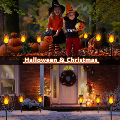 8 Pack Outdoor Solar Torch Lights With Realistic Flickering Flame, illuminating yard with Halloween and Christmas decor