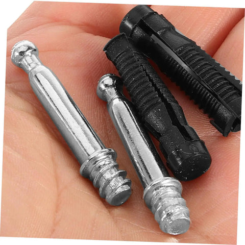 Rock Solid Invisible Furniture Connecting Fasteners With Heavy Duty Cam Lock Bolts And Precision Dowels For Smooth Wood Joinery And Complete Zero Hassle Setup Pack, showing chrome bolts and black fasteners in a hand.