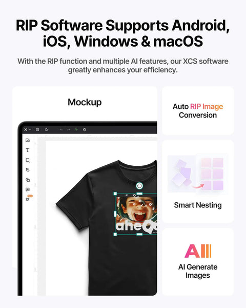 Top Shelf Apparel Printer Bundle With Seamless Humidification Dual Sensor Monitoring Integrated White Ink Cycle Heavy Duty Shaker Oven And Industrial Fume Extractor System For Hustlers mockup of black t-shirt with design editing features on software screen