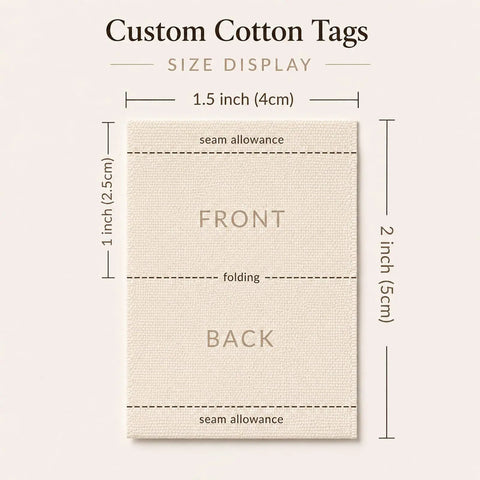 Next Level Custom Cotton Tags Straight Up Premium Fabric Sewing Labels For Quilting Knitting Handmade Clothing Branding Markers Machine Washable Care Instructions 40X50Mm size display with dimensions 1.5x2 inches.