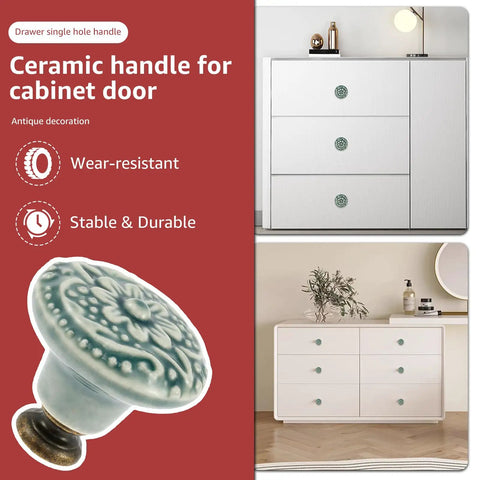 Slick Green Ceramic Cabinet Knobs, Retro Drawer Pulls For Kitchen Cabinets And Dressers, Vintage Furniture Handle Set Including Mounting Hardware, 34 Millimeter Diameter Pieces on a light cabinet.