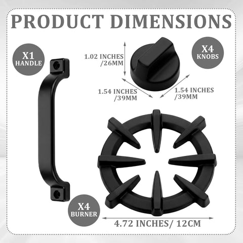 Chill Backyard Playtime: 9 Piece Mud Kitchen Set With Realistic Grill Burner And Rotating Knobs For Immersive Pretend Outdoor Cooking Fun. Product dimensions of black handle, knob, and 12cm burner.