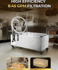 Heavy Duty Commercial Fryer Oil Filter Cart With Wheels For Restaurant Kitchens Fifteen Gallon Stainless Steel Unit with hoses.