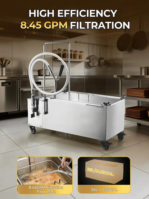 Heavy Duty Commercial Fryer Oil Filter Cart With Wheels For Restaurant Kitchens Fifteen Gallon Stainless Steel Unit with hoses.